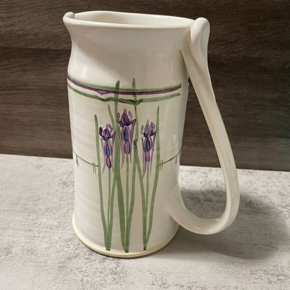 Studio Art Pottery Pitcher Hand Painted Purple Iris Flowers Handmade Signed 8"